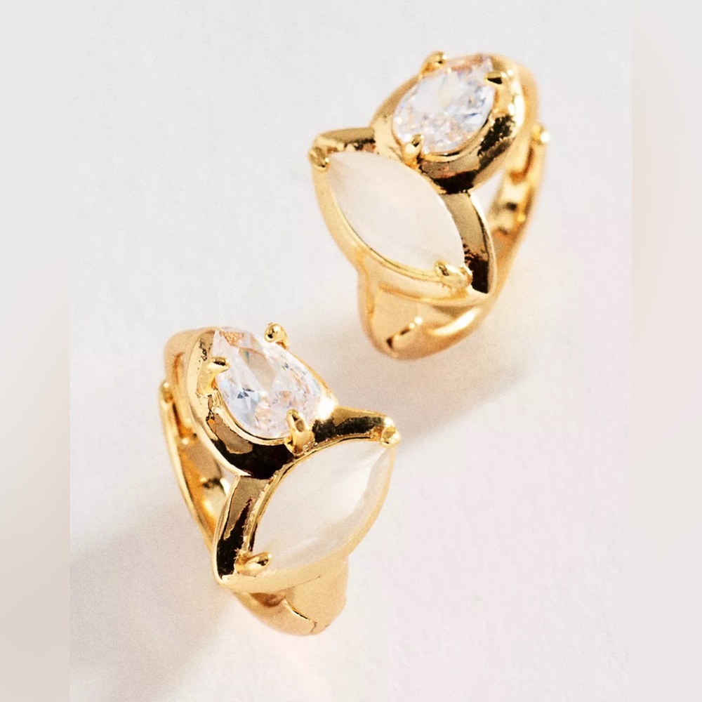 NWT Anthropologie Double Stone Huggie Hoop Earrings Pearl